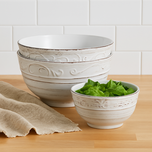 Rustic White Trellis Stoneware Serving Bowl Set Of 3 Pieces