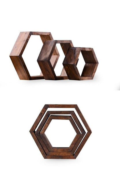 Rustic Hexagonal Wall Shelf Set