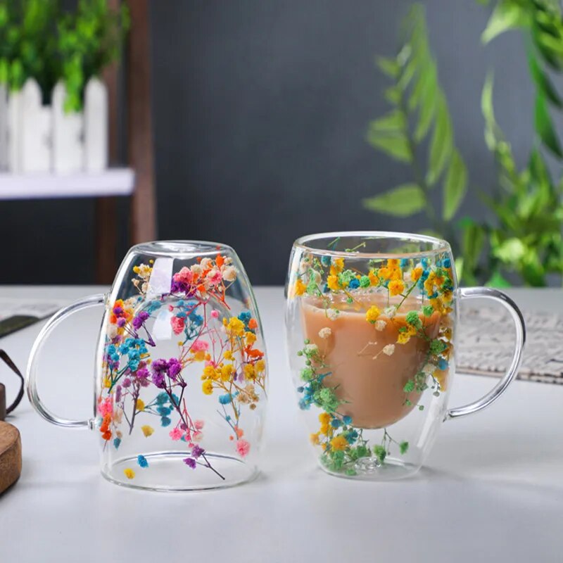 Double Wall Dry Flowers Glass Mug – Blackbrdstore