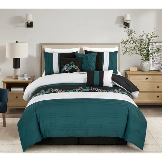 7-Piece Luxury Leaves Scroll Embroidery Bedding Comforter Set