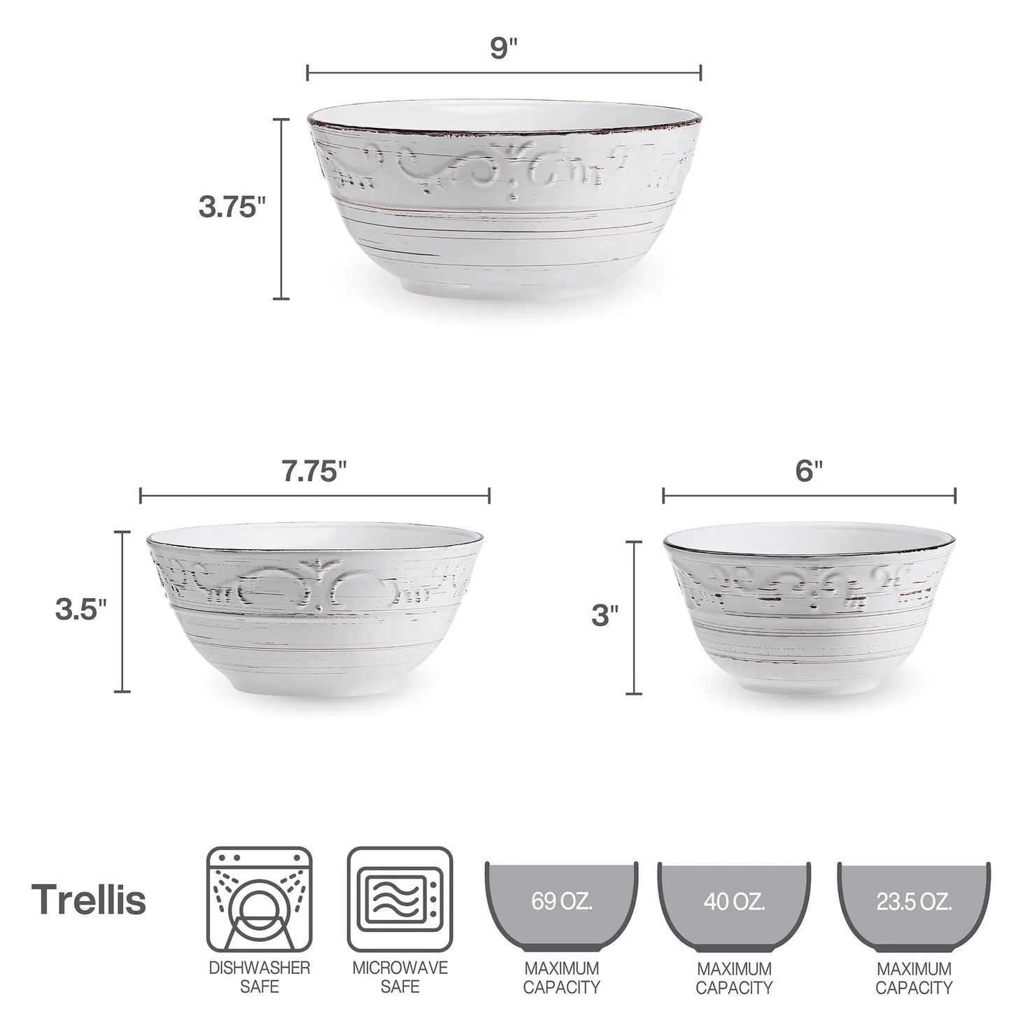 Rustic White Trellis Stoneware Serving Bowl Set Of 3 Pieces