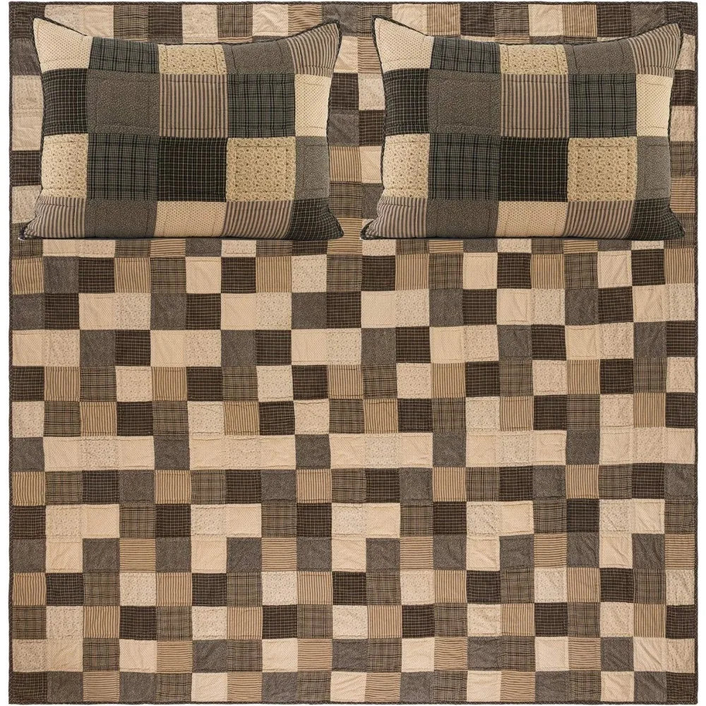 Kettle Grove 3-Piece Queen Quilt Set – Primitive Country Patchwork Design in Black and Crème