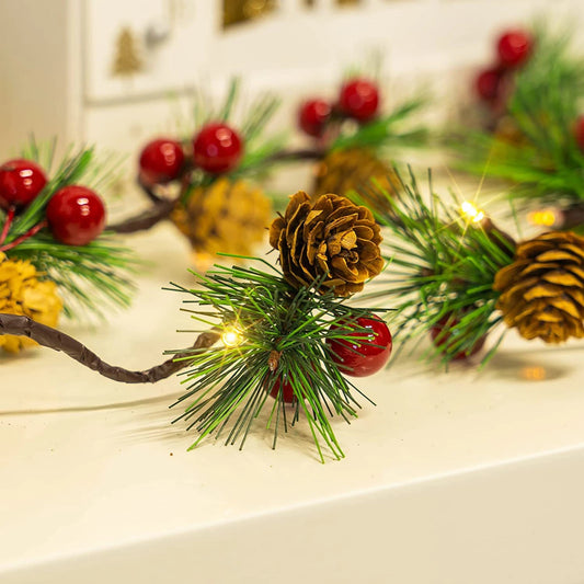Pinecone Berry Christmas Garland with Pre-Installed Lights