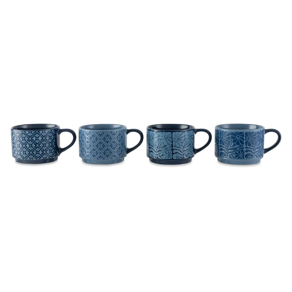 Indigo Bloom Stackable Stoneware Mug Set (4-Pack)