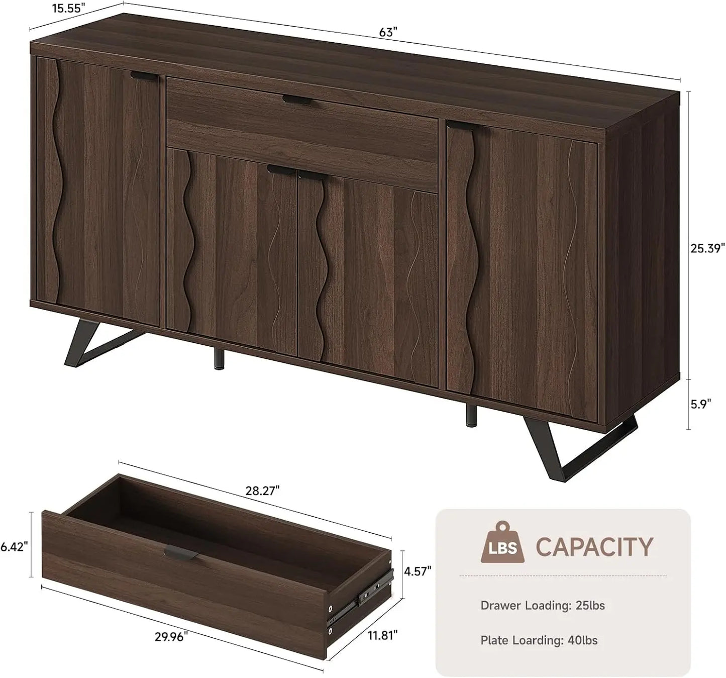 RoyalCraft WaveLine Mid-Century Sideboard Buffet Cabinet