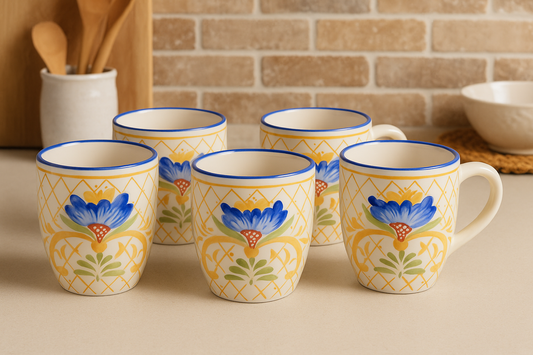 Tuscan Bloom Hand-Painted Stoneware Coffee Mug Set of 4