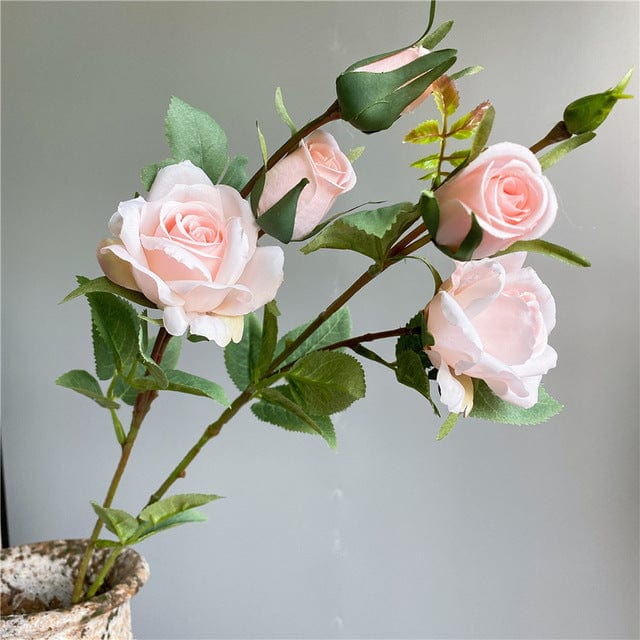Artificial 4 Heads Roses Branch With Leaves Blackbrdstore