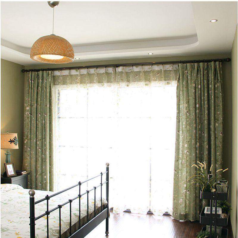 Blackout Green Curtains with Floral Birds Patterns Blackbrdstore