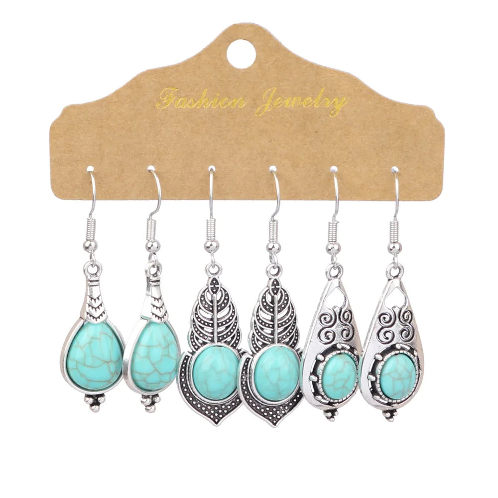 Blue Turquoise Boho Earring Set Blackbrdstore