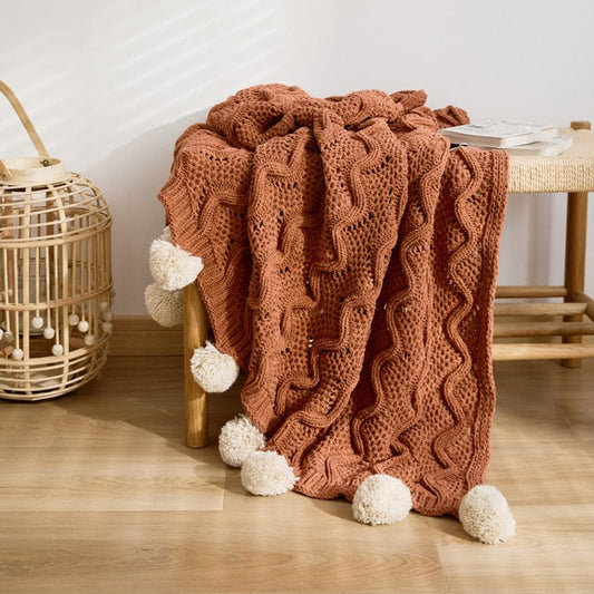 Chunky Pompoms Knitted Blanket Blackbrdstore