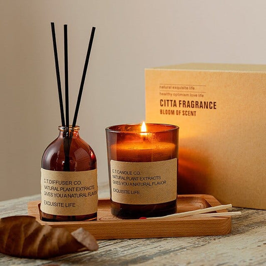 Classic Brown Reed Diffuser & Scented Candle Gift Set Blackbrdstore