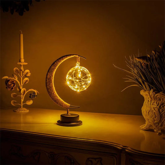 Crescent Moon Rattan Table Lamp Blackbrdstore