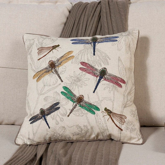 Dragonfly and Butterflies Colorful Embroidery Cushion Cover Blackbrdstore