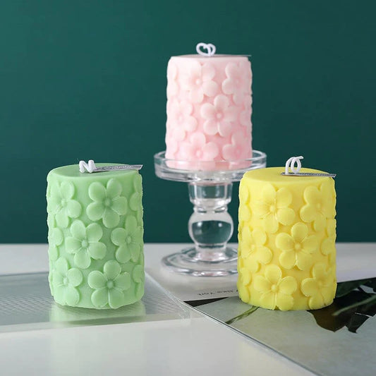 Embossed Flower Pillar Scented Candles Blackbrdstore