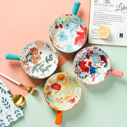 Floral Single Handle Ceramic Bowl Blackbrdstore