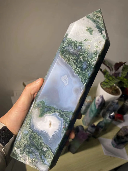 Large Moss Agate Crystal Tower Blackbrdstore