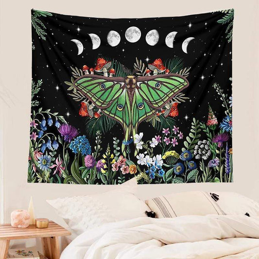 Mushroom Trippy Moth Tapestry Blackbrdstore