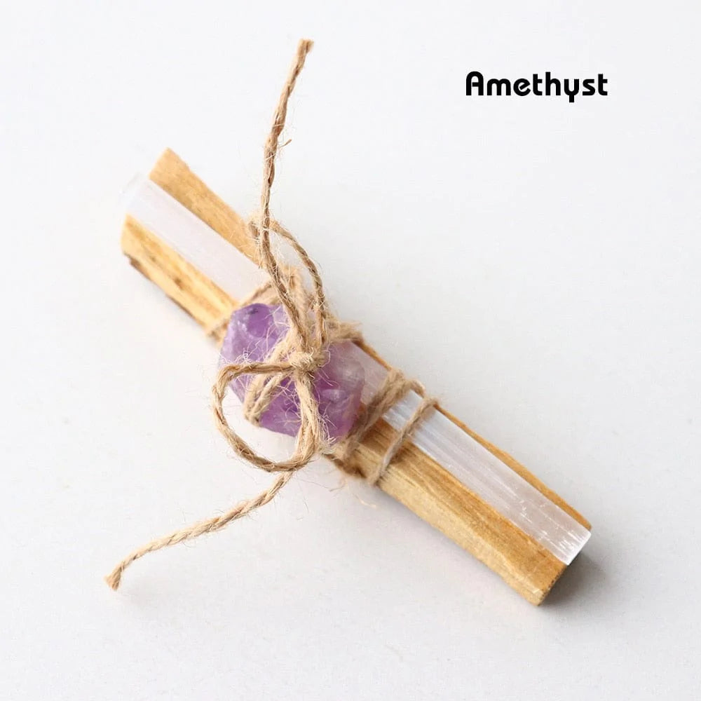 Palo Santo With Crystal Stone And Selenite Rope Binding Set Blackbrdstore