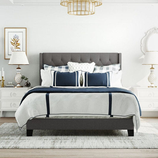 Upholstered Platform Bed with Classic Headboard Blackbrdstore