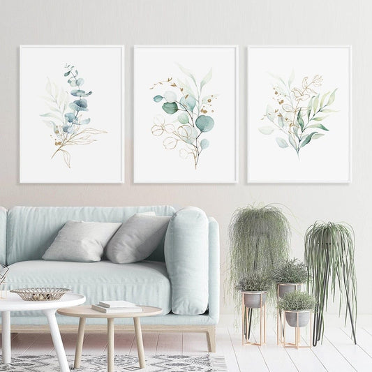 Watercolor Gold Green Leaves Canvas Wall Art Blackbrdstore