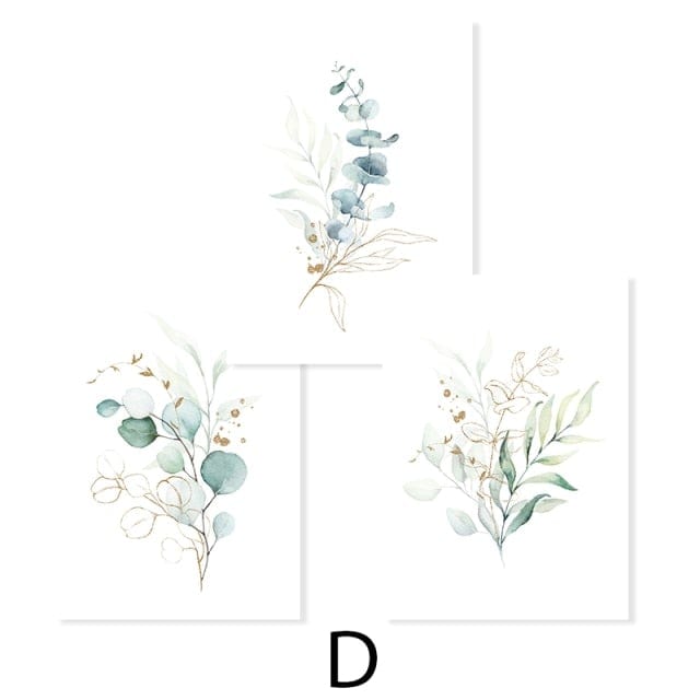 Blackbrdstore SET / 13X18cm/5''x 7'' Watercolor Gold Green Leaves Canvas Wall Art