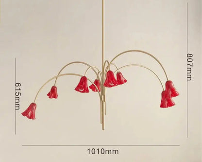 Chandelier with red lampshades and measurements on a beige background