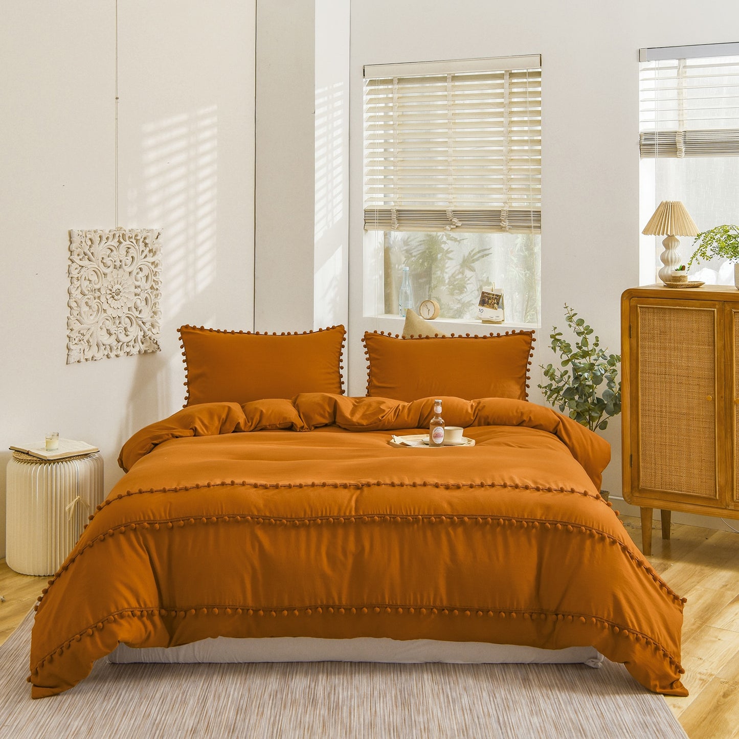 Burnt Orange Pom Poms Duvet Cover Set