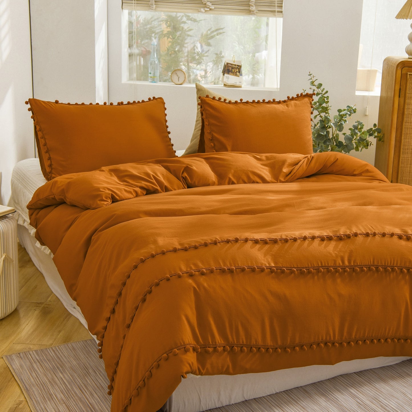 Burnt Orange Pom Poms Duvet Cover Set