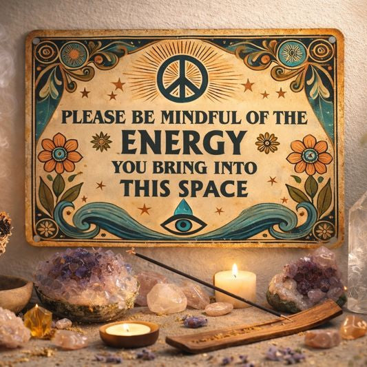 Decorative sign with mindfulness message surrounded by crystals, candles, and plants