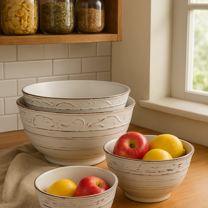 Rustic White Trellis Stoneware Serving Bowl Set Of 3 Pieces