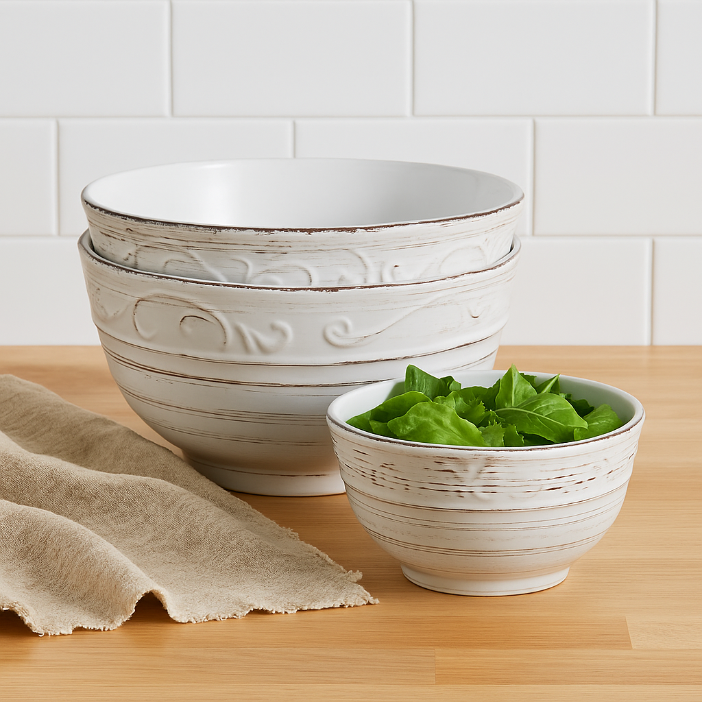 Rustic White Trellis Stoneware Serving Bowl Set Of 3 Pieces