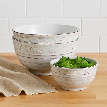 Rustic White Trellis Stoneware Serving Bowl Set Of 3 Pieces