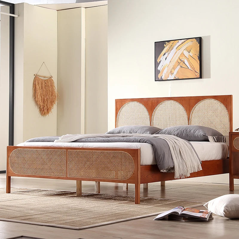 Scandinavian Natural Wicker Panel Bed with Headboard