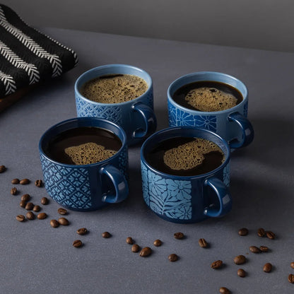 Indigo Bloom Stackable Stoneware Mug Set (4-Pack)