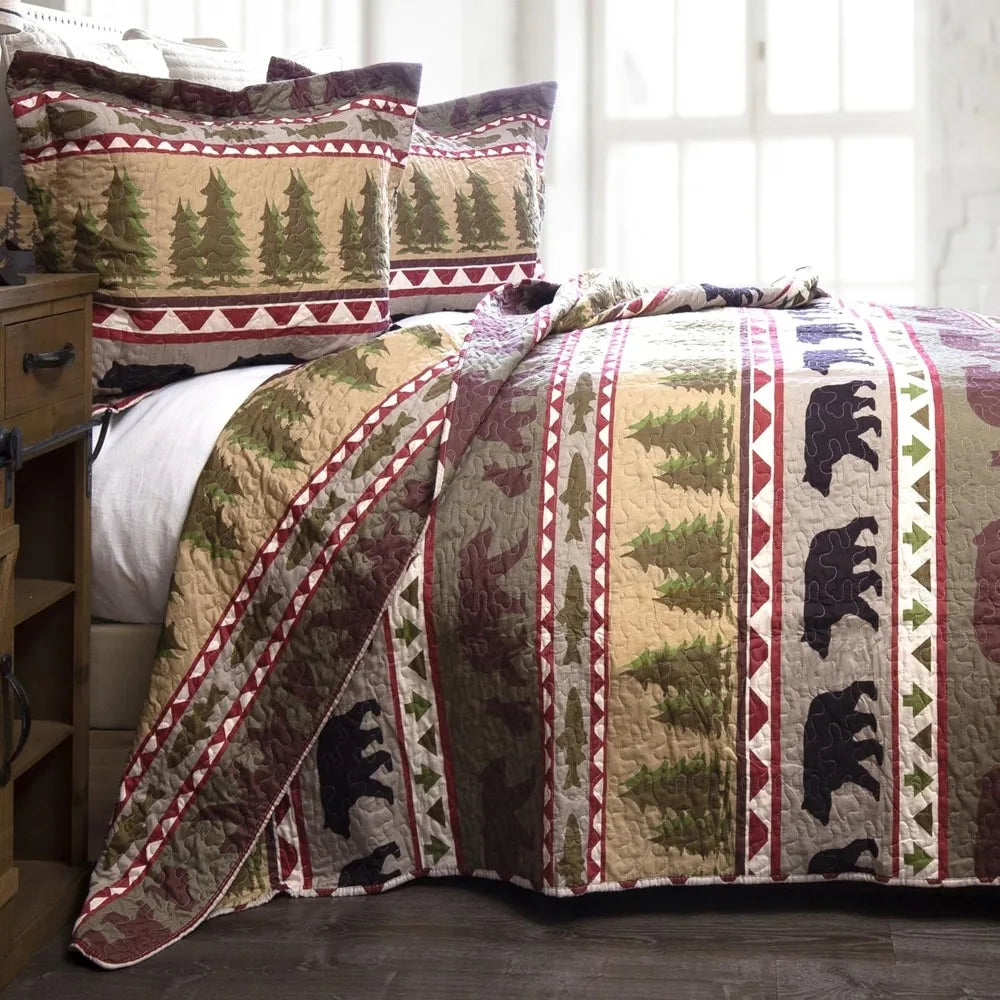 Rustic Bear Stripe 3-Piece Microfiber Quilt Set