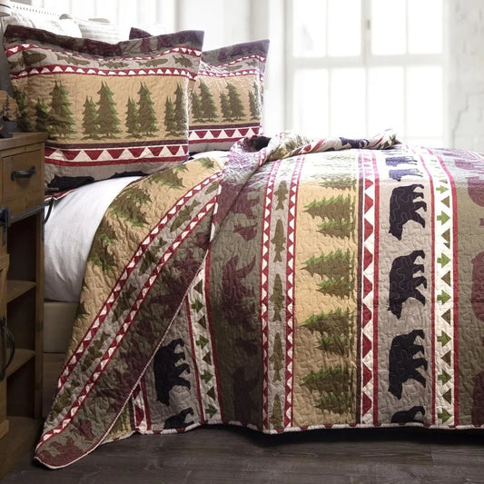 Rustic Bear Stripe 3-Piece Microfiber Quilt Set