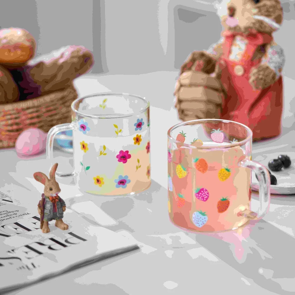 BerryBloom Floral Glass Mug Set (4-Piece)