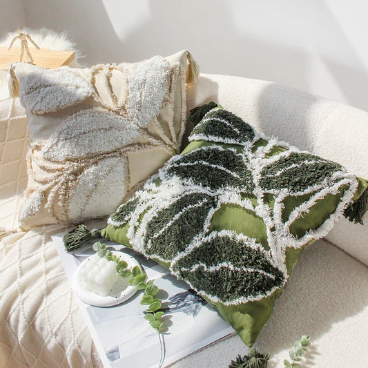 Embroidered Tufted Leafs Cushion Cover