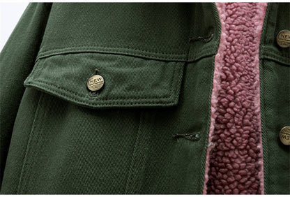 Army Green With Pink Fur Liner Denim Jacket