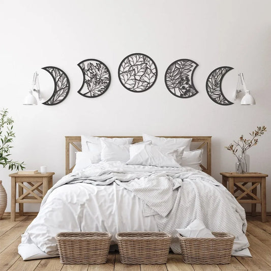 LunarLeaf Harmony – Wooden Moon Phase Wall Hanging
