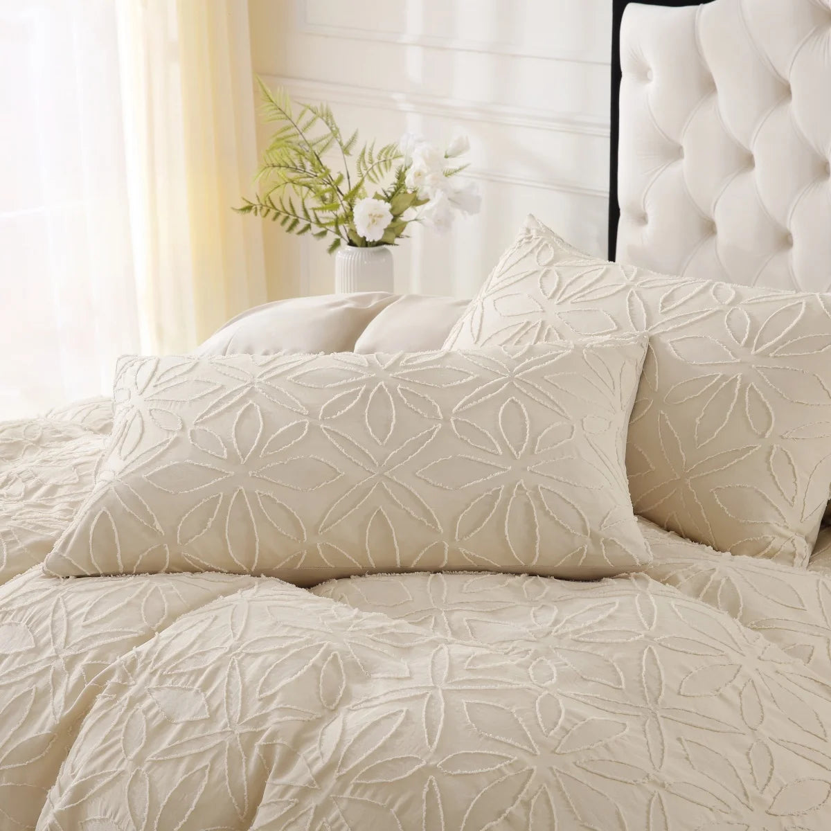 Floral Embroidery Tufted Boho Bedding Set