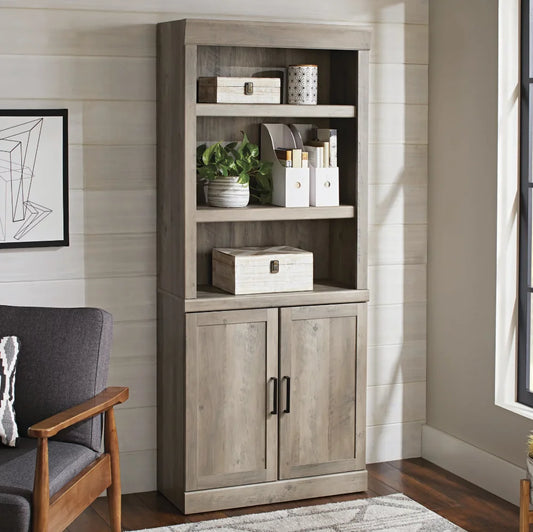 5 Shelf Bookcase with Doors Rustic Gray
