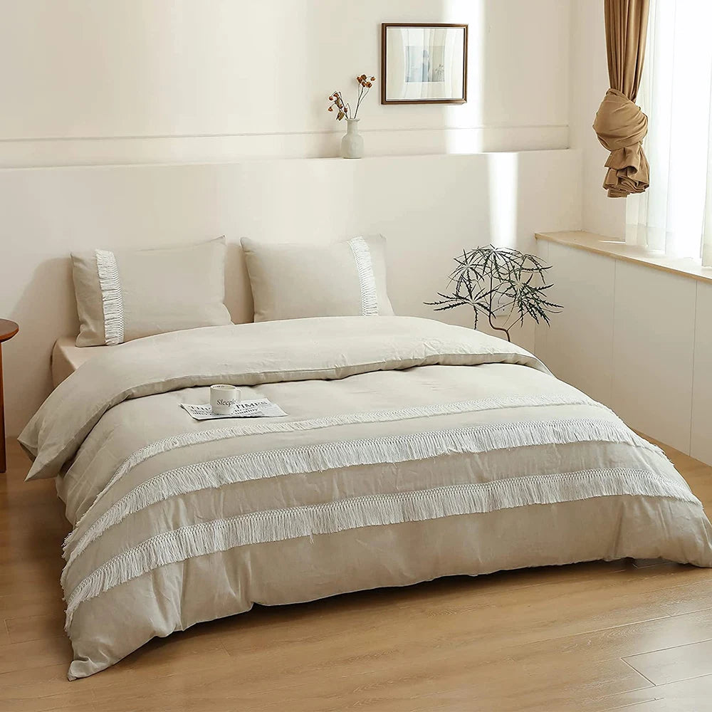 Ivory Drift Tassel Linen Duvet Set