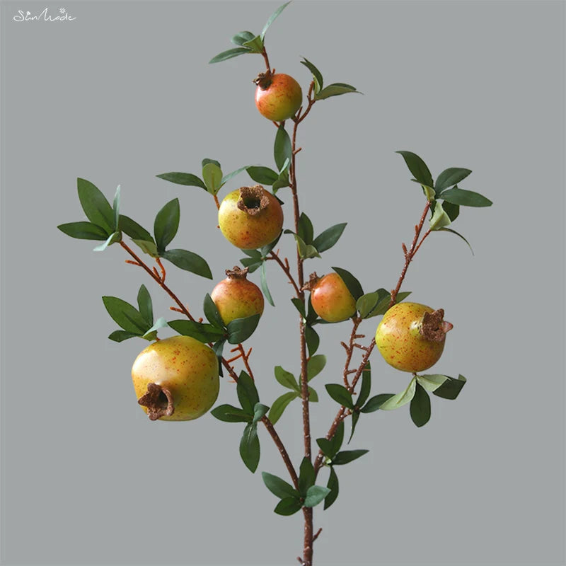 6 Headed Artificial Pomegranate Fruit Branch with Leaves