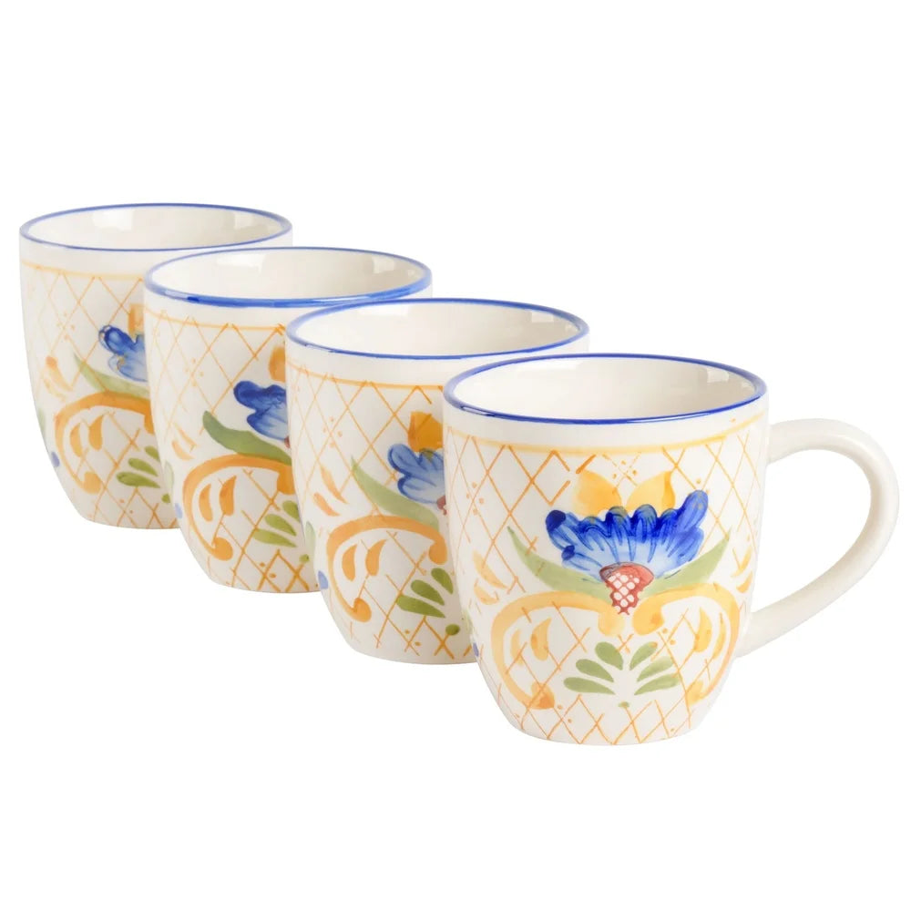 Tuscan Bloom Hand-Painted Stoneware Coffee Mug Set of 4