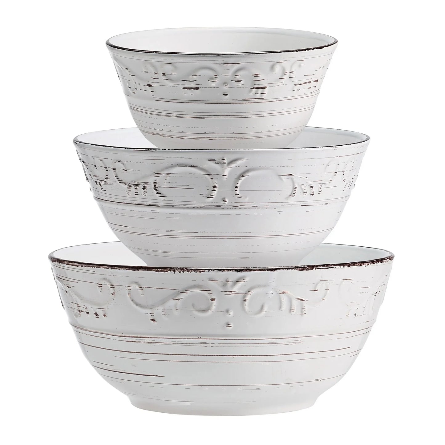 Rustic White Trellis Stoneware Serving Bowl Set Of 3 Pieces
