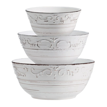 Rustic White Trellis Stoneware Serving Bowl Set Of 3 Pieces