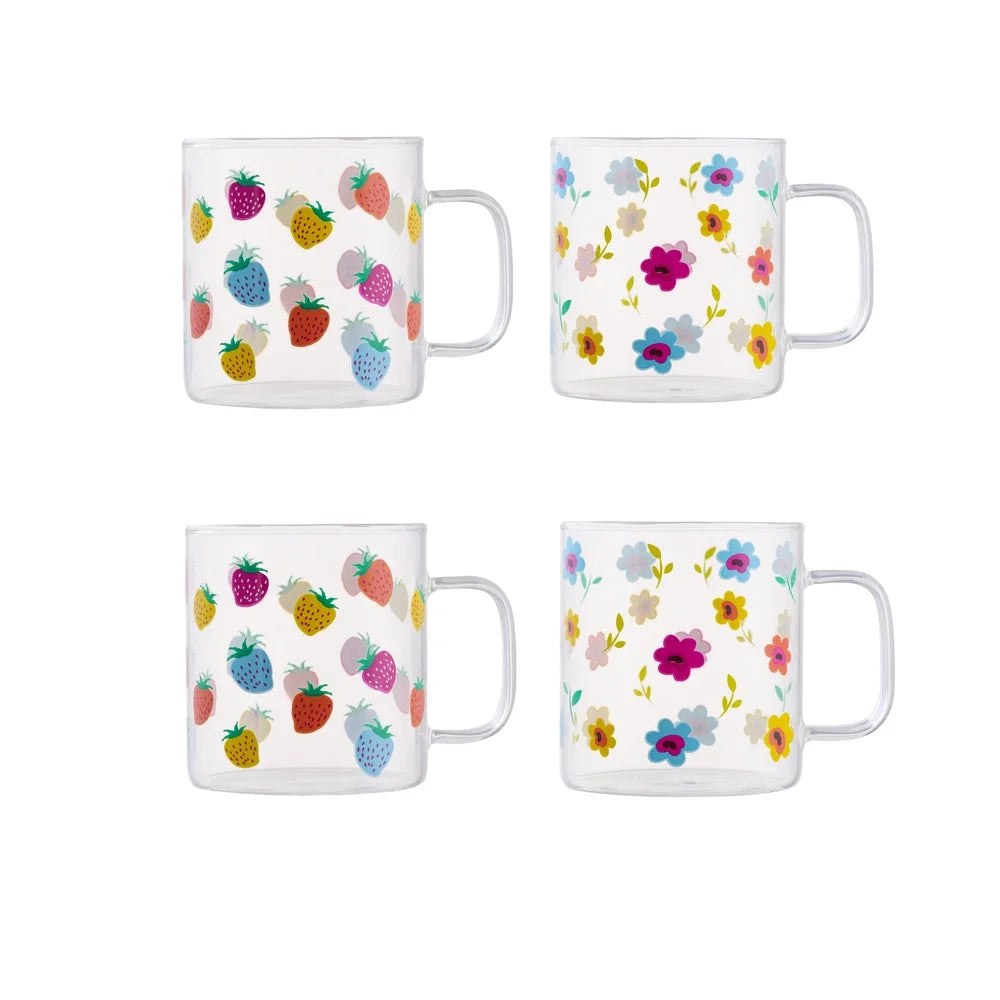 BerryBloom Floral Glass Mug Set (4-Piece)
