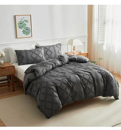 Midnight Grid Textured Boho Duvet Set