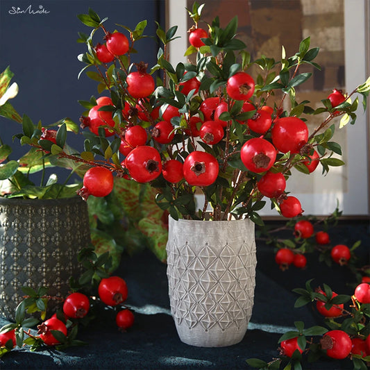 6 Headed Artificial Pomegranate Fruit Branch with Leaves